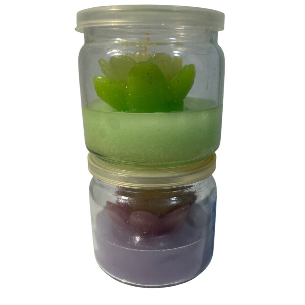 Lotus Flower Glass Jar Candles Set Of 2 Green & Purple 3" Tall